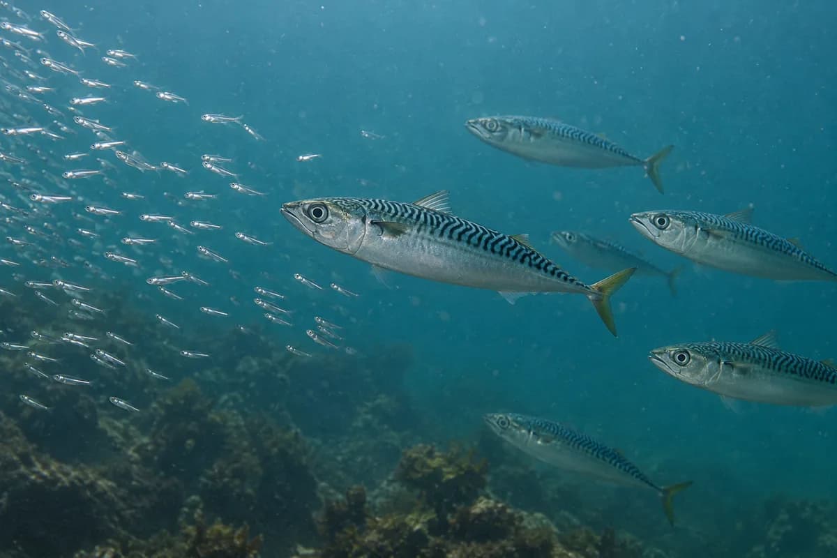 マサバの群れで小魚を追う様子