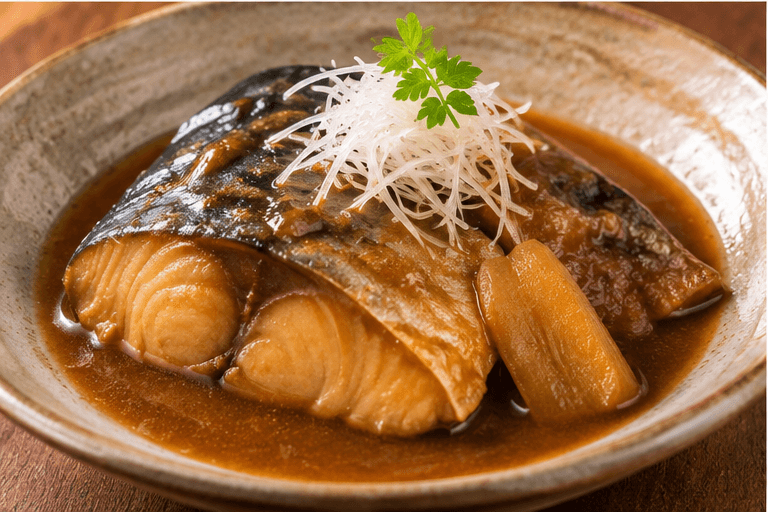 Chub mackerel: Saba misoni — miso-simmered mackerel
